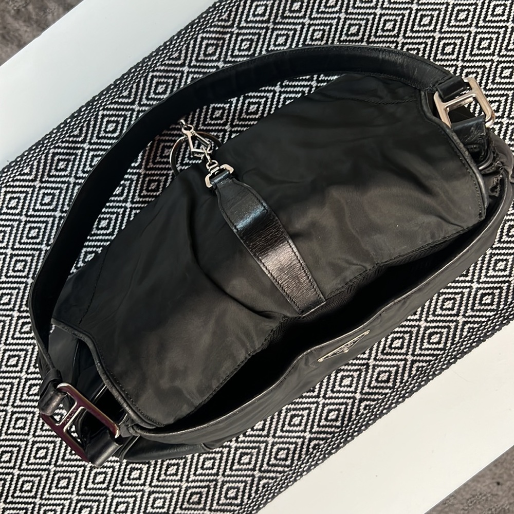 Rare Vintage PRADA Nylon Tessuto Leather Shoulder Hand Bag Purse Black GUC - Picture 10 of 15